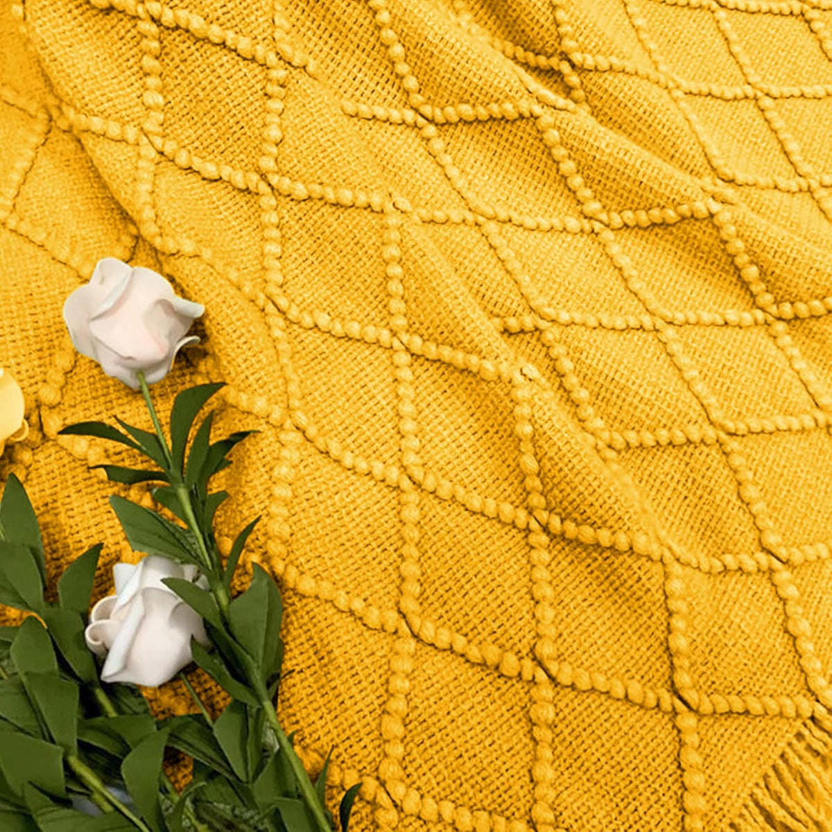 inhand Knitted Fall Throw Blanket for Couch and Bed, Knit Fall Decor Halloween Blanket with Tassel, Mustard Yellow Lightweight Decorative Farmhouse Warm Woven Blankets and Throws for Women, 50"x60"