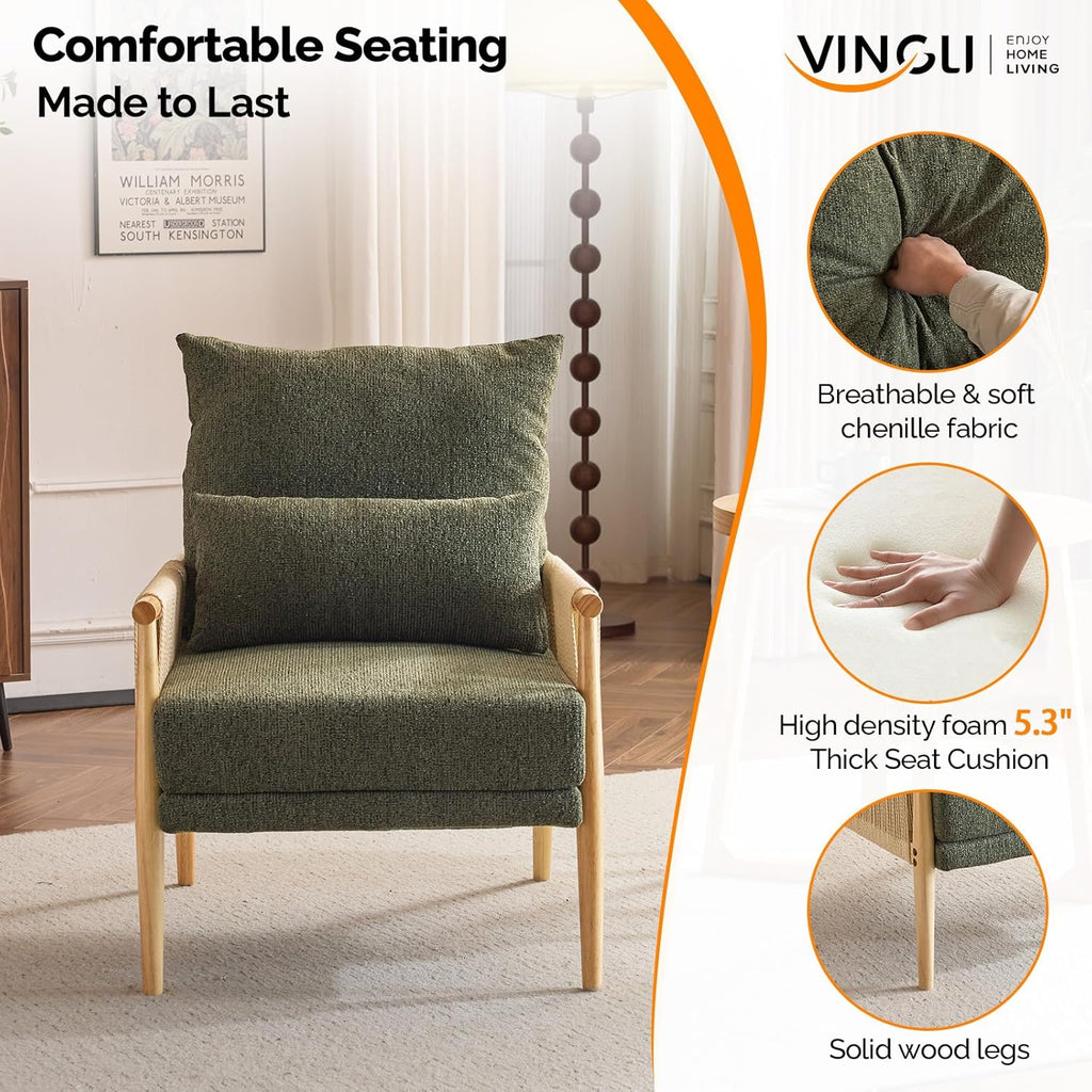 VINGLI Boho Braid Accent Armchairs Set of 2,Mid-Century Modern Chiars with Solid Wooden Armrest,Comfy Louge Cushion Chairs with Waist Pillow for Bedroom,Living Room,Reading Room, Dark Green