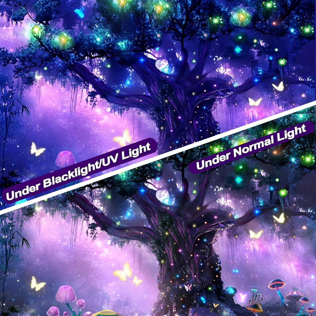 Atrippy Blacklight Fantasy Forest Poster Tapestry for Bedroom, Black Light UV Nature Tree of Life Tapestries Wall Hanging, Magical Mushroom Butterfly Backdrop for Living Room Dorm Decor 51x60 Inches