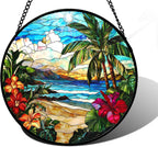 Stained Glass Window Hanging, Blue Beach Scenery Suncatcher Diamond Glass Panel Hangings Sun Catchers Decor for Birthday for Women, Men, Wife, Aunt, and Mom 9.8 in