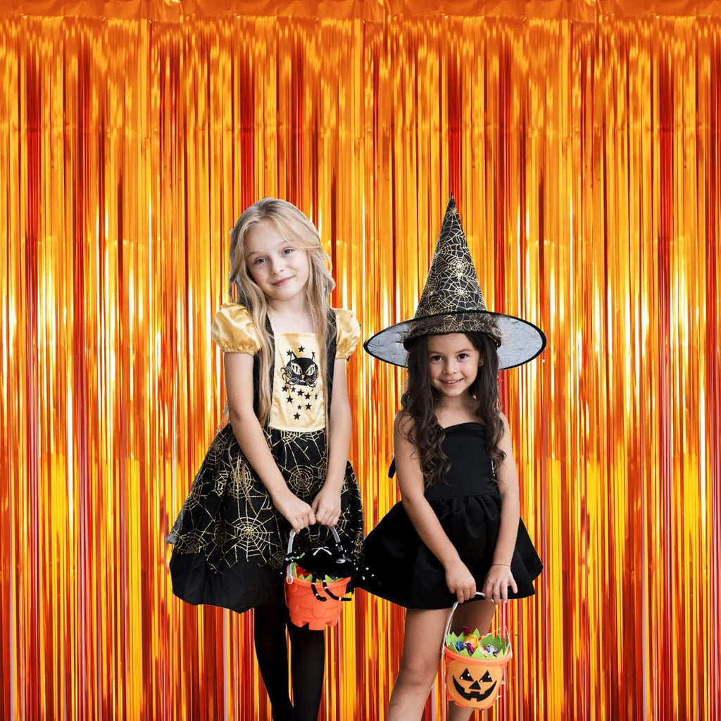 GOER 3.2 ft x 9.8 ft Metallic Tinsel Foil Fringe Curtains Party Photo Backdrop Party Streamers for Birthday,Graduation,New Year Eve Decorations Wedding Decor (3 Packs,Orange)