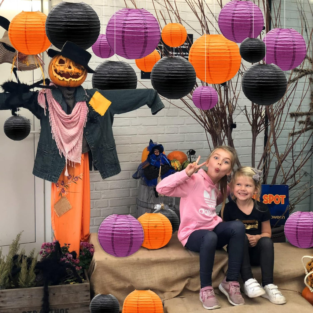 ADLKGG Paper Lanterns Party Decorations, Orange Purple Black Round Hanging Lanterns for Graduation Halloween Thanksgiving Birthday Party Decorations, 21pcs