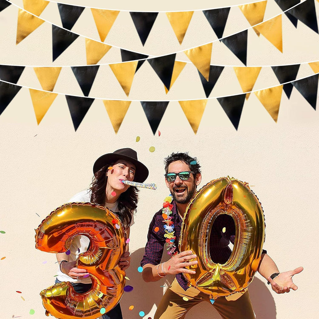 Black and Gold Party Decorations Triangle Pennant Banner Flag Metallic Fabric Bunting Garland for Birthday Graduation Anniversary Wedding Bachelorette Bridal Shower Engagement Hen Party Supplies