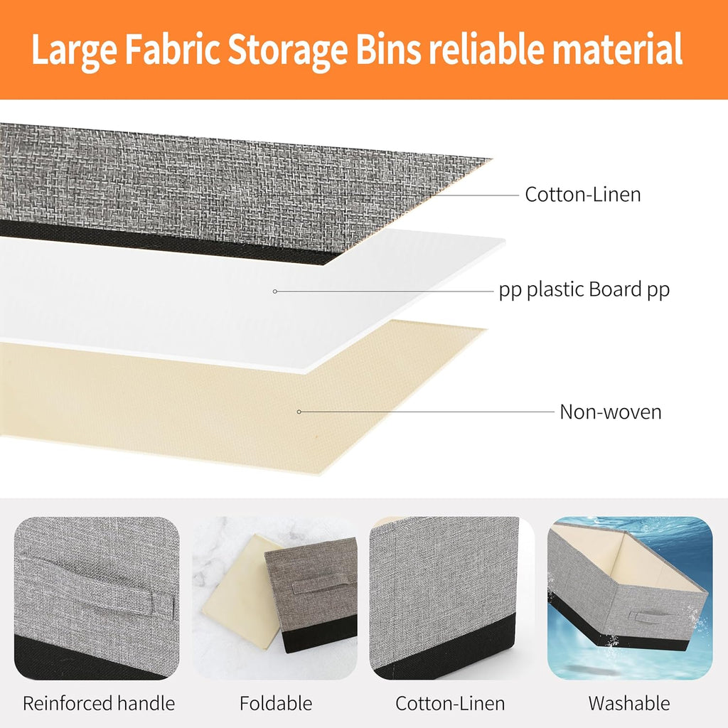linen closet organizers and storage, 3 Pack Large Storage Baskets, Washable, Clothing Storage Bins with Handle, Closet Organizer for Storage Sweater,Sheets (gray black, 16"x9½"x6¾")
