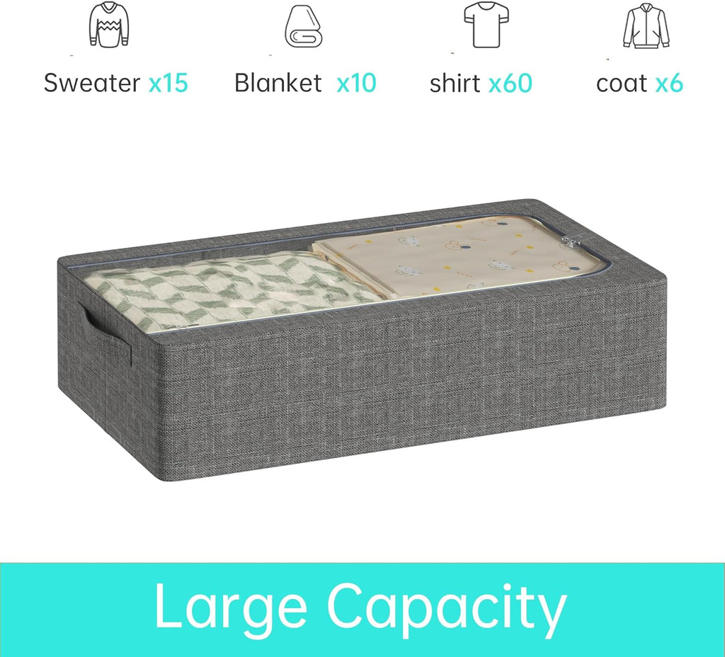 3PCS Under Bed Storage Bins with Metal Frame, Linen Fabric Frame Storage Box Clothes Organizer Bins, Underbed Container with Clear Window (Dark Grey, 23.6 x 13 x 6IN)