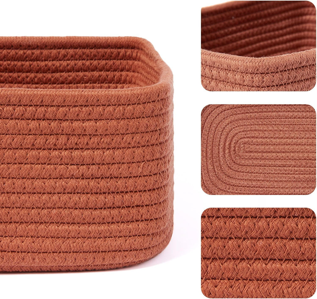 Small Storage Baskets for Organizing | Closet Organizer Bins | Shelf Toy Basket | Woven Rope Baskets | Cube Decorative Box | Shallow Basket | 11.5x7.5x4.7” | 3 Packs Oxide Red
