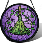 Stained Glass Window Hanging - Halloween Decorations Witch Magic Broom Suncatcher for Doors Garden Indoor Funny Spooky Sun Catchers Gothic Decor Horror Gifts for Women Men Friend 7.8 in