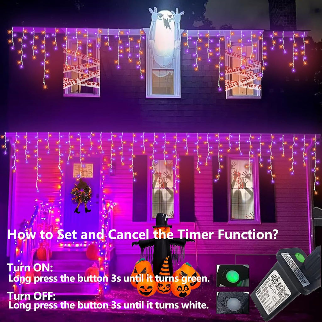 QITONG Orange and Purple Halloween Lights Outdoor, 66ft 800 LED Icicle Light Indoor Plug in, 8 Modes Connectable String Lights with 160 Drops