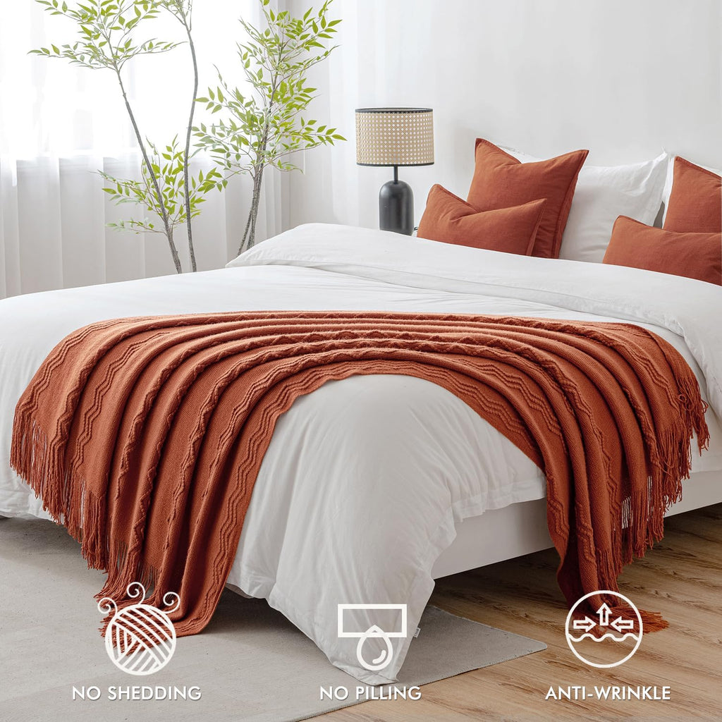 MIULEE Fall Rust Knitted Throw Blanket for Couch Boho Terracotta Textured Cozy Woven Blanket with Tassels for Sofa Chair Bed Living Room Acrylic Wave Pattern 60"x80"
