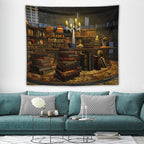 Kurtect Library Tapestry,Vintage Medieval Bookshelf Wooden Bookcase Antique Magic Art Tapestries for Party Beach Picnic Blankets Tablecloths Living Room Wall Deocr, 50x60 in