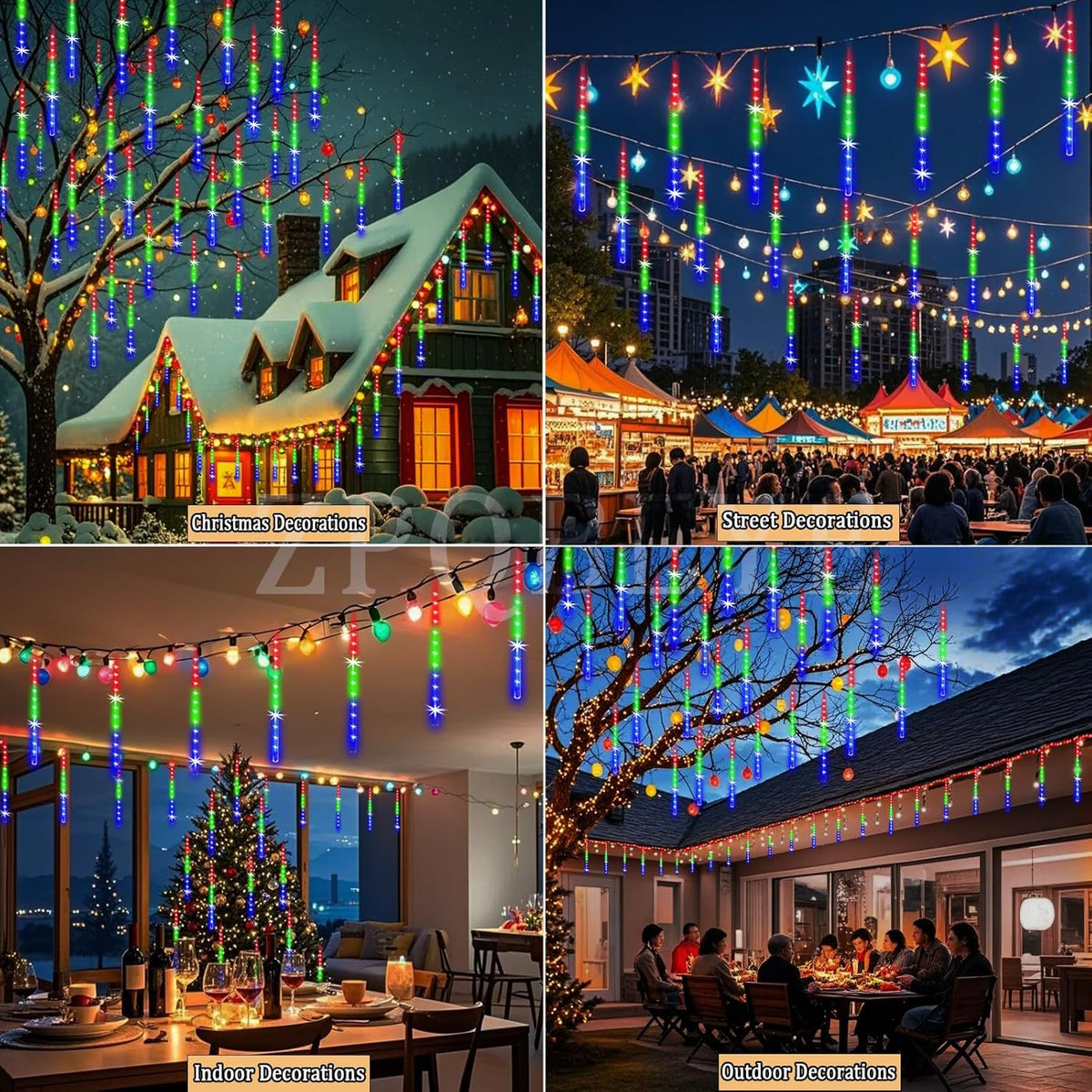 Meteor Shower Lights Outdoor Christmas Lights 24-Tube 576LEDs Snow Falling Rain Cascading Icicle Light for Christmas Tree Decorations Wedding Party Holiday Garden Decor, UL Plug Multi Color