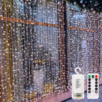 echosari Curtain Lights Battery Operated, 9.8Ft x 9.8ft 300 LED Curtain String Light with Remote Timer 8 Modes Hanging Lights for Wedding Party Home Garden Wall Decor (Cool White)