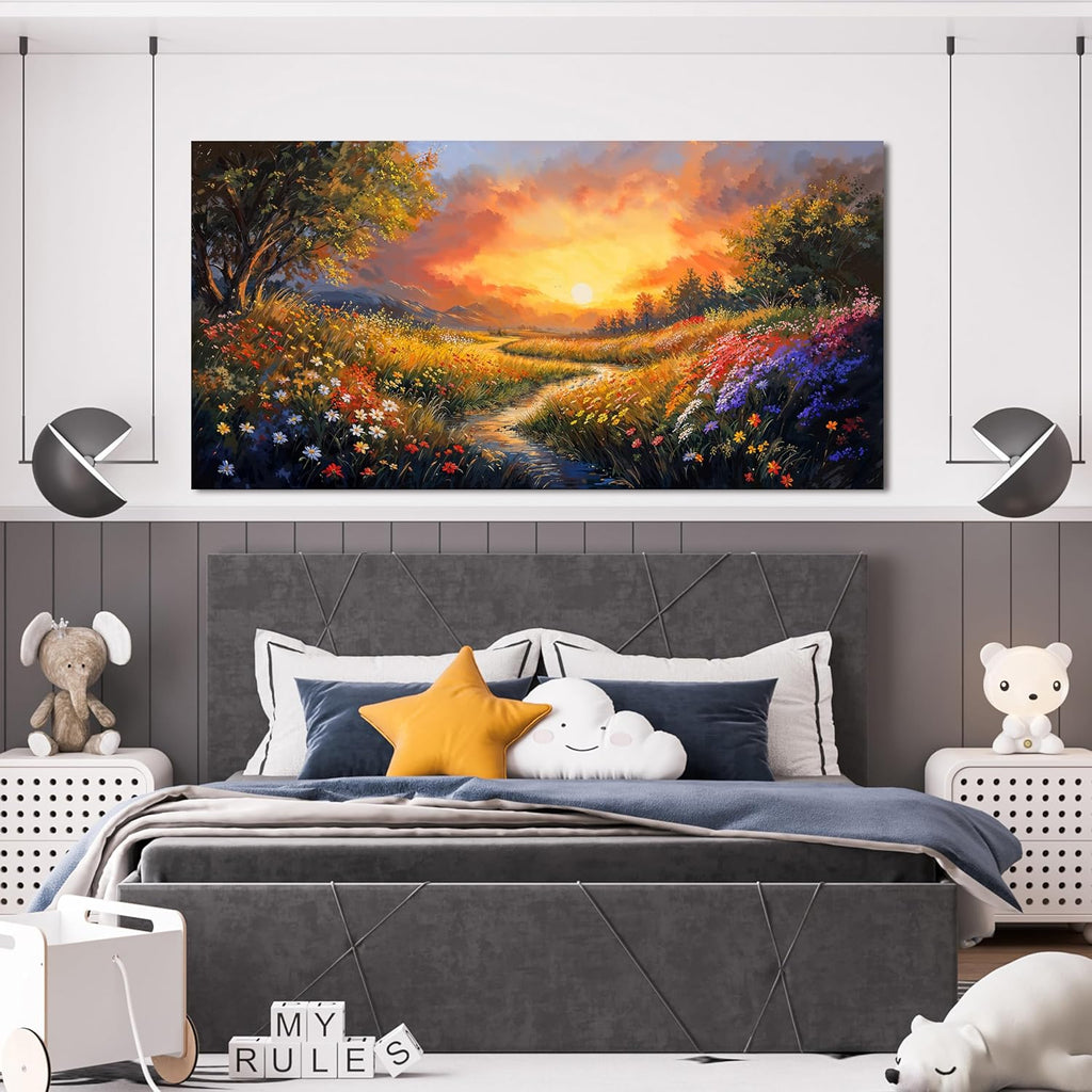 Canvas Wall Art Decor Wall Art Pictures for Living Room Large Vintage Landscape Wall Art Prints Canvas Art Wall Decor Wildflower River Artwork for Walls Bedroom Home Aesthetic Wall Art Decor 24" X 48"