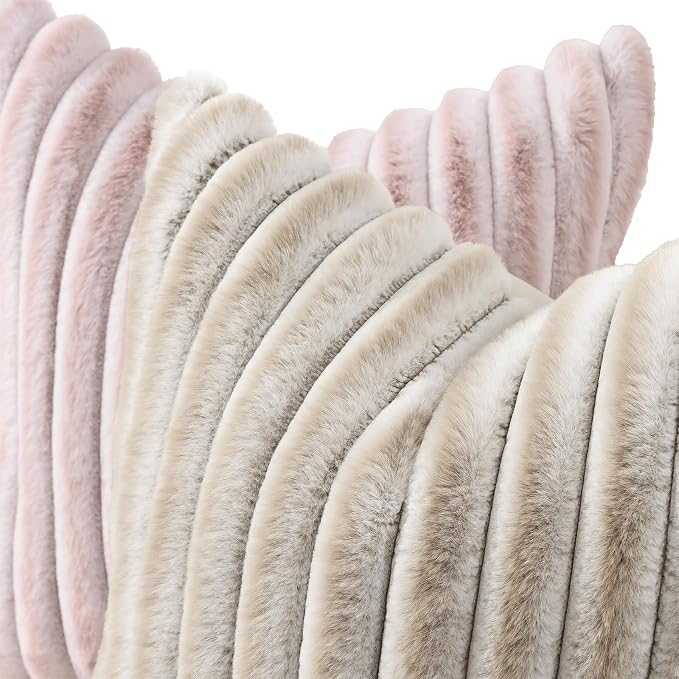 decorUhome Fall Faux Fur Throw Pillow Covers 24x24 Set of 2 Beige White | - Image 2
