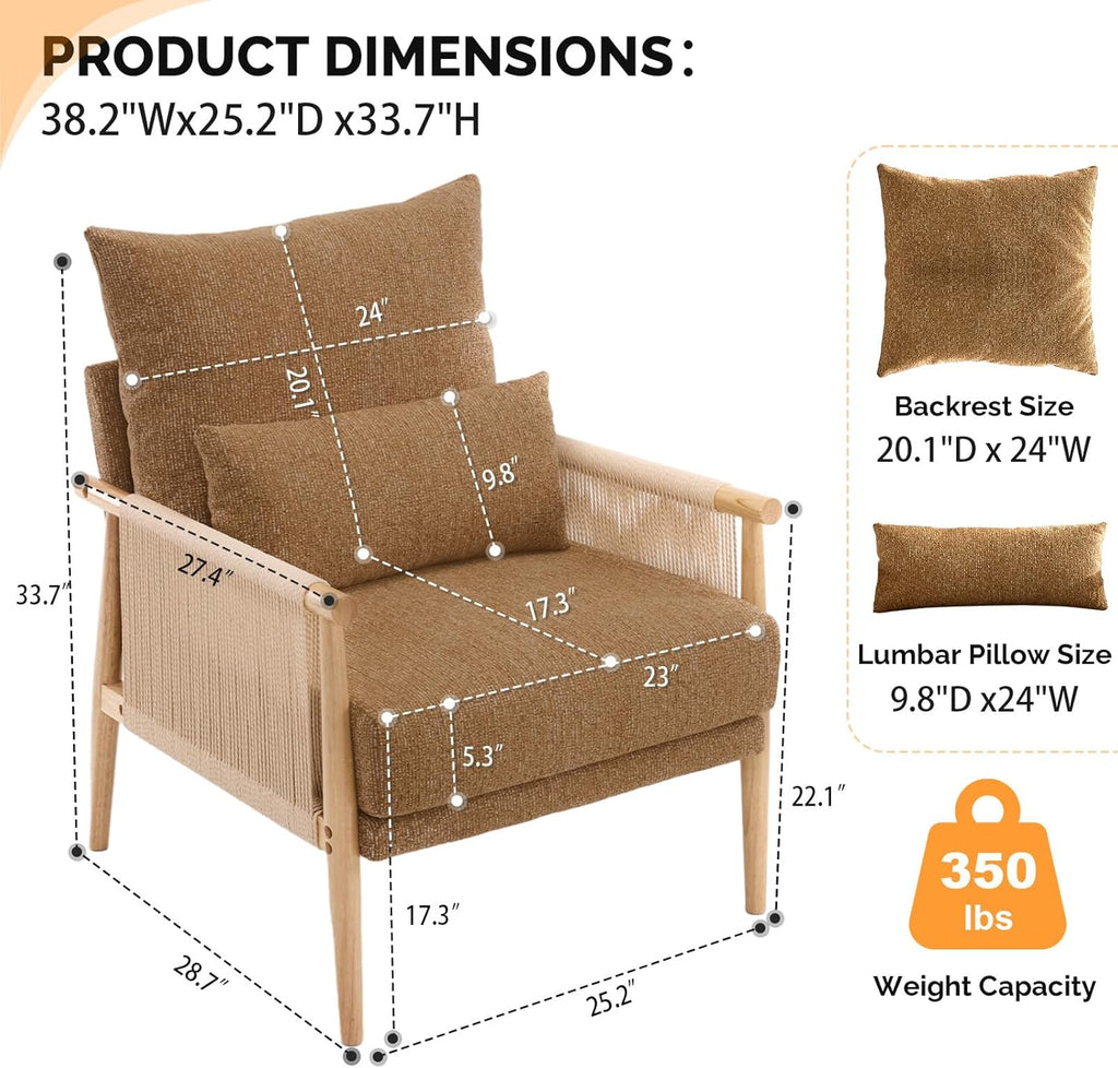 VINGLI Boho Braid Accent Armchair,Mid-Century Modern Chiar with Solid Wooden Armrest,Comfy Louge Cushion Chair with Waist Pillow for Bedroom,Living Room,Reading Room, Khaki