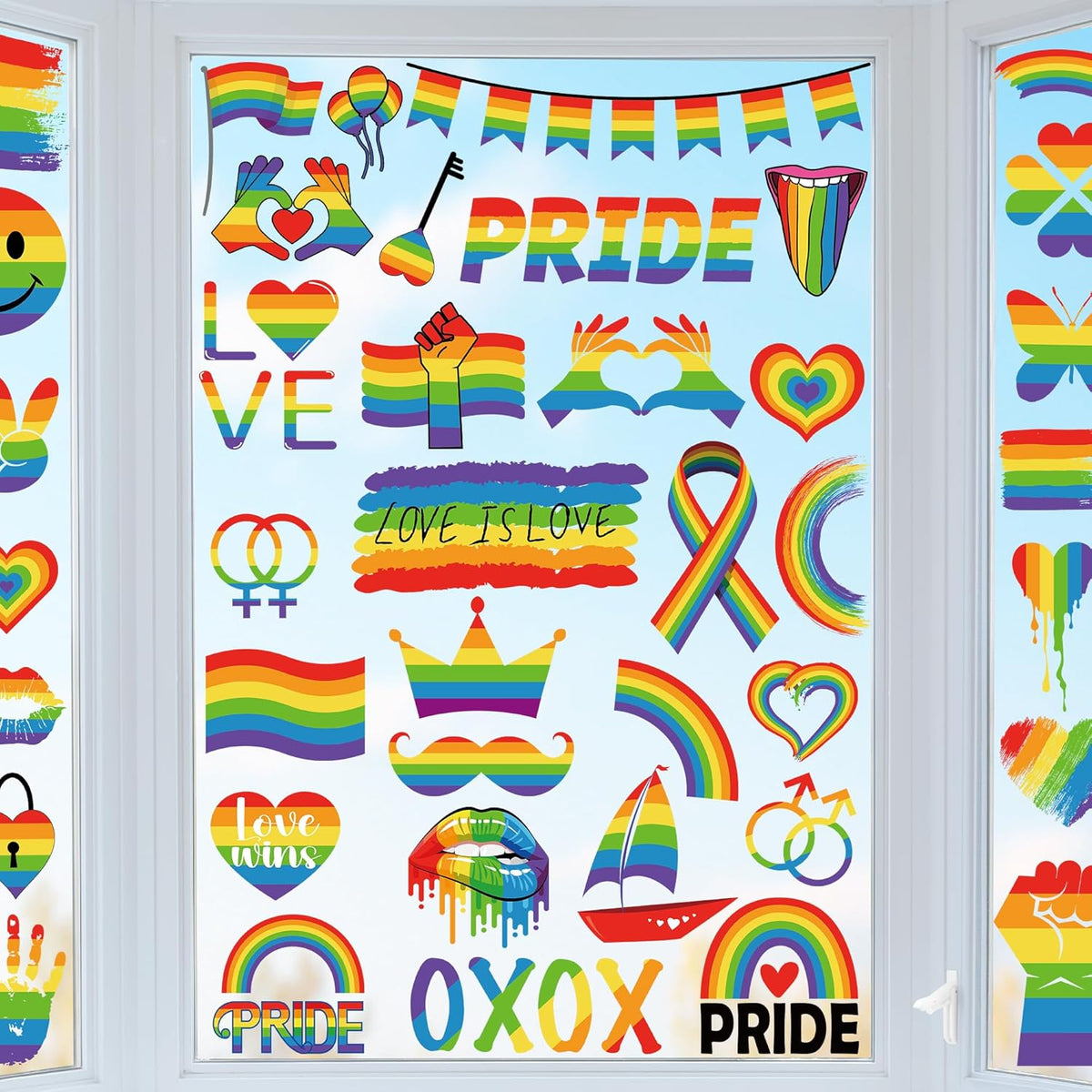 9 Sheets LGBT Rainbow Window Clings, Pride Decorations Window Cling, Gay Love Heart Stickers, Double-Side Pride Wall Clings Decals for Pride Day LGBTQ Rainbow Party Parades Supplies Decor
