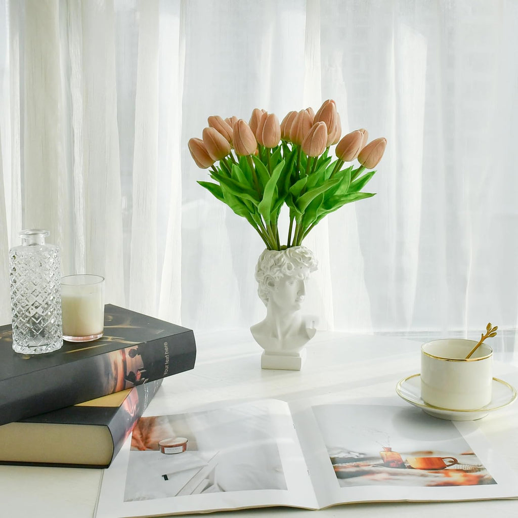 Mandy's Artificial Tulips 20 Stems Light Brown PU Faux Flowers for Wedding Home Decor 13.5 Inch