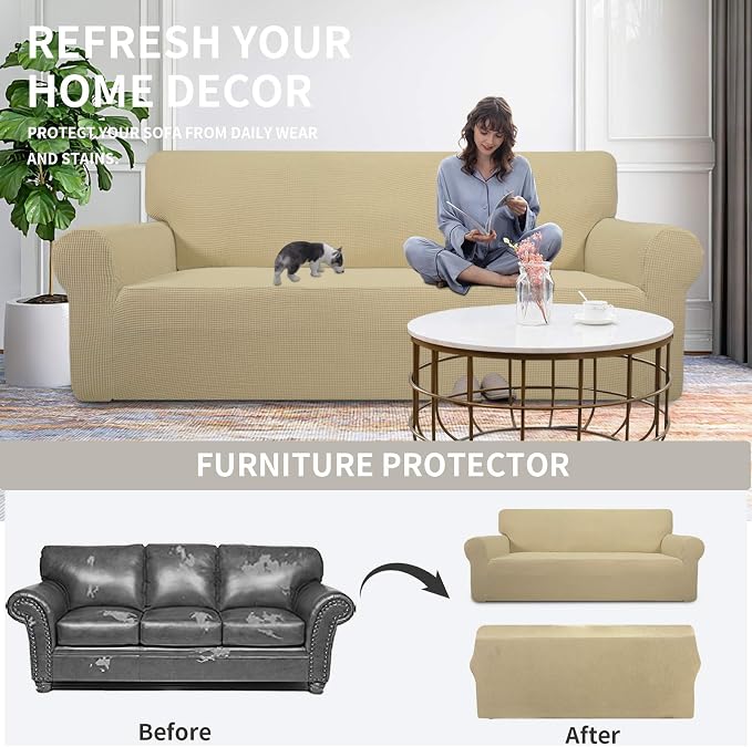 Easy-Going Stretch Loveseat Couch Covers Washable Beige | 1-Piece Loveseat - Image 4