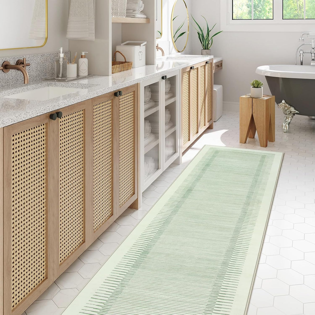 Wonnitar Washable Green Striped Runner Rug for Hallway 2'6"x8', Non-Slip Soft Runner Rug for Bedroom, Low Pile Minimalist 8ft Carpet Runner for Bathroom Laundry Kitchen (Green, 2'6" x 8')