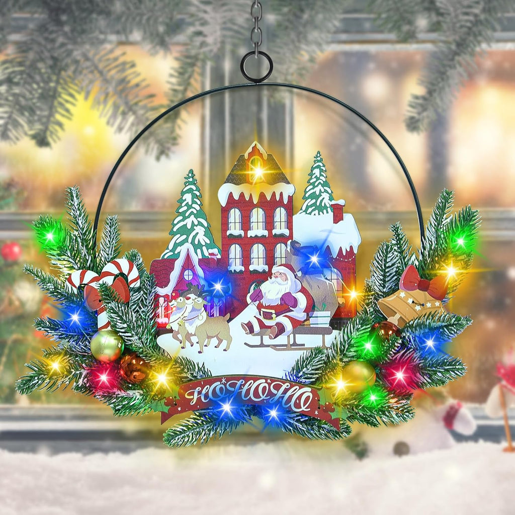 Light up Christmas Wreaths for Front Door, Welcome Metal Wooden Door Wreath Decor Hanging Sign, 30 LED Lighted Wall Decor Battery Operated for Halloween Indoor Outdoor (Santa Claus)