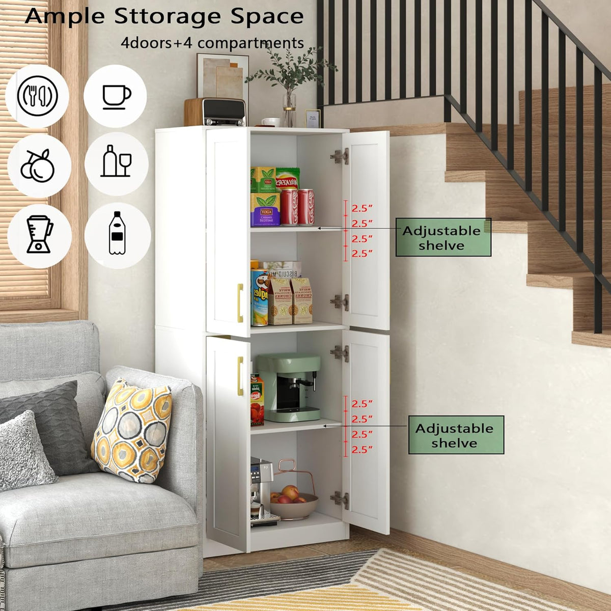 Storage Cabinet, Kitchen Pantry with Doors & Shelf, Tall Storage Cabinet for Bathroom, Living Room, Entryway,White