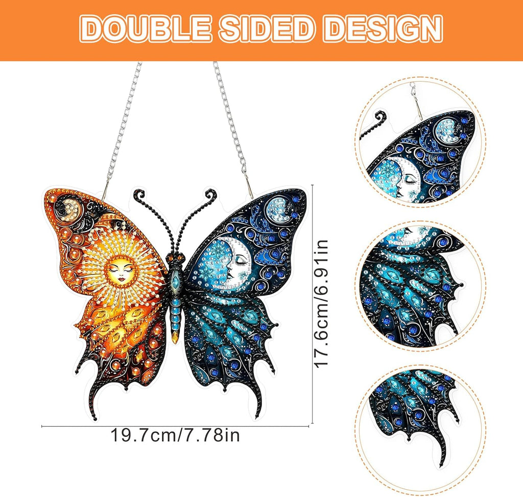 Lxmsja DIY Sun Moon Diamond Painting Hanging Ornament, Double-Sided Acrylic Butterfly Diamond Art Kit, Special Shaped Drill Pendant Window Art Kit, Suncatcher Hanging Craft Decoration 7x8 inch