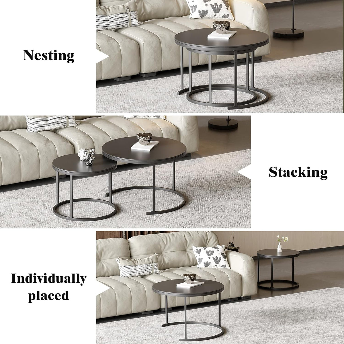 Round Nesting Coffee Table, Black Modern Decorative Coffee Center Table Set of 2,Round Sintered Stone 24'' Coffee Table for Living Room with Sturdy Metal Frame.