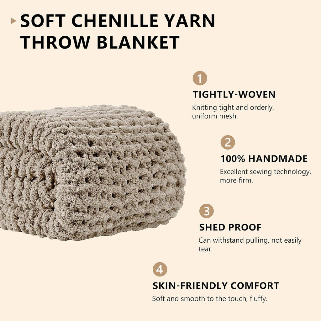 L'AGRATY Chunky Knit Blanket Throw: 80''x90'' Chenille Chunky Knitted Throw Blankets for Bed Couch - Handmade Thick Big Cable Knit Blanket - Large Crochet Rope Blankets for Home Decor(Light Linen)