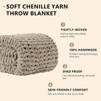 L'AGRATY Chunky Knit Blanket Throw: 80''x90'' Chenille Chunky Knitted Throw Blankets for Bed Couch - Handmade Thick Big Cable Knit Blanket - Large Crochet Rope Blankets for Home Decor(Light Linen)