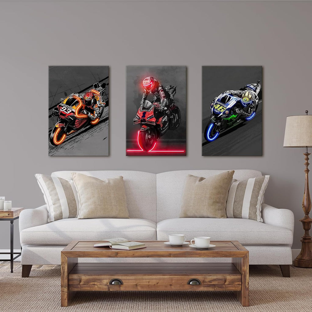 Sorventina Motorcycle Wall Art - 3-Piece Racing Sports Decor Prints, Neon Style, 16x24 Inches Wrapped Canvas, Non-LED - Modern Artwork for Living Room, Bedroom, Garage, Man Cave, or Office Decoration