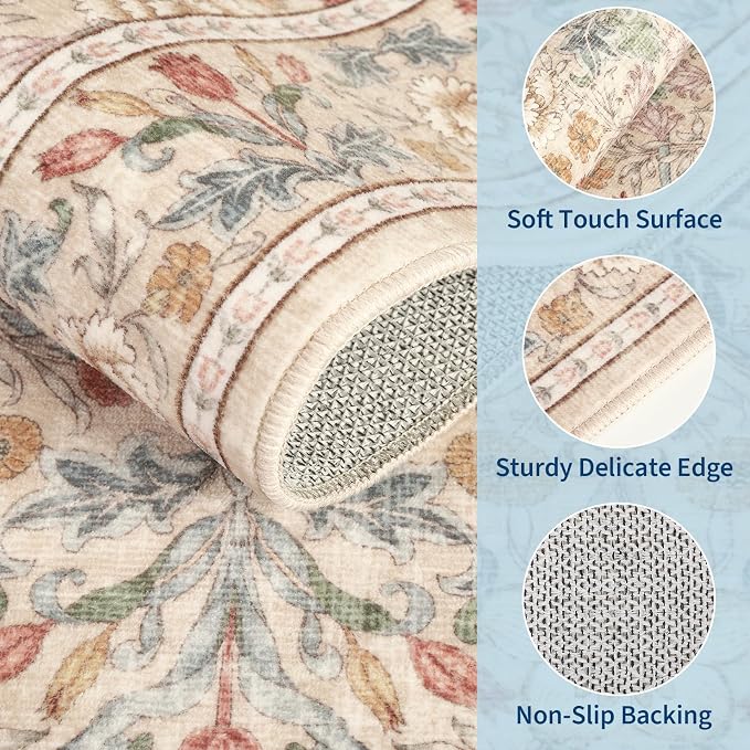 GarveeHome Beige Washable Area Rug 5x7, Retro Floral Low Pile Non Slip Living - Image 4