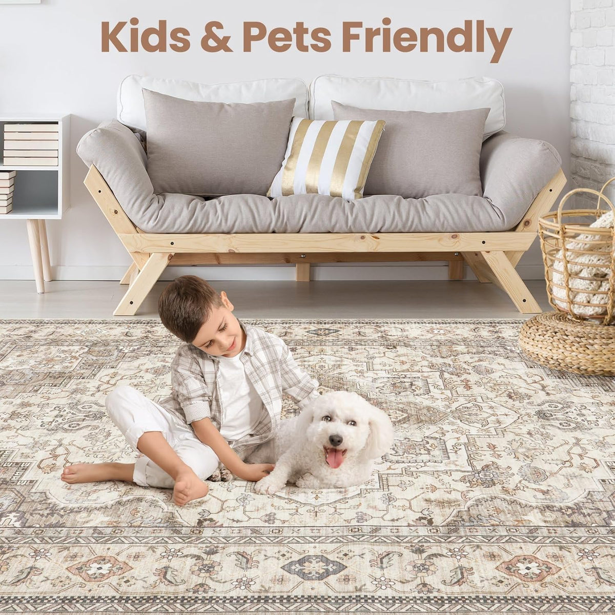 Washable Area Rugs for Living Room - 6x9 Neutral Vintage Distressed Floral Farmhouse Boho Large Soft Floor Rug Indoor Non Slip Carpet for Bedroom Dining Room Office - Brown/Multi