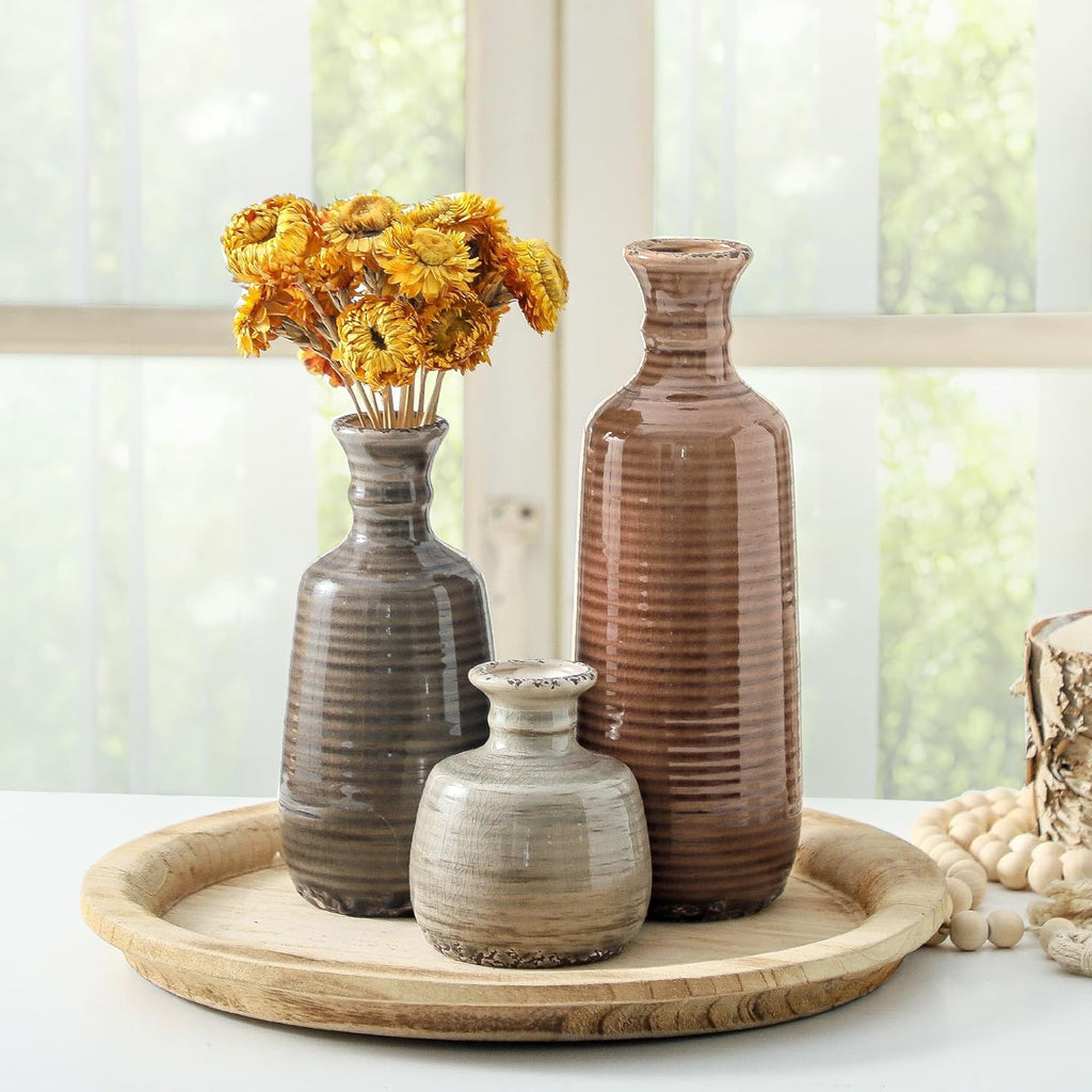 Ceramic Vases Set of 3, Neutral Rustic Farmhouse Vases Home Decor Decorative Flower Vase Modern Boho Pampass Vase for Table Mantel Entryway Shelf Living Room Kitchen Bathroom - Brown