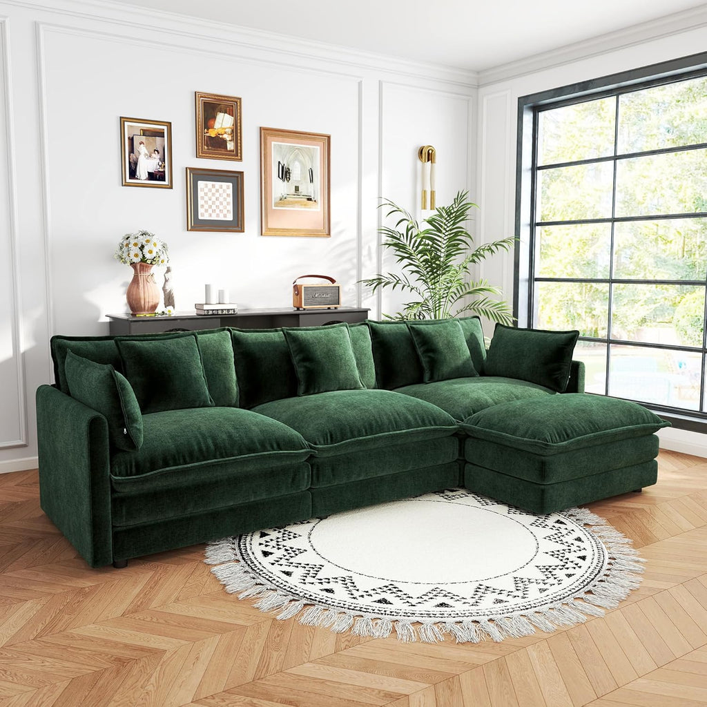 Sectional Sofa 3 Seater with Movable 1 Ottoman,Oversized Modular Couch Deep Seat (Green, 111.5 inch-L)