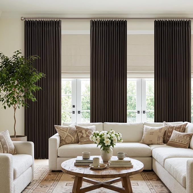 Dark Chocolate Linen Pinch Pleat Semi Sheer Vintage Curtains 105 Inch Long | - Image 7