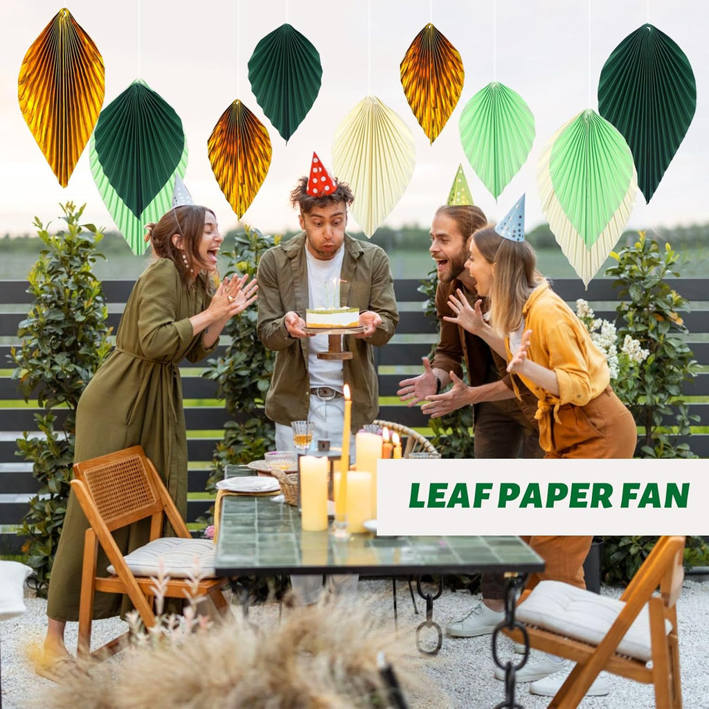 ADLKGG Green Gold Hanging Paper Leaves Wall Backdrop Decor, Paper Palm Leaves Fan Party Decorations for Forest Birthday Party Tropical Jungle Theme Classroom Decor, 12pcs