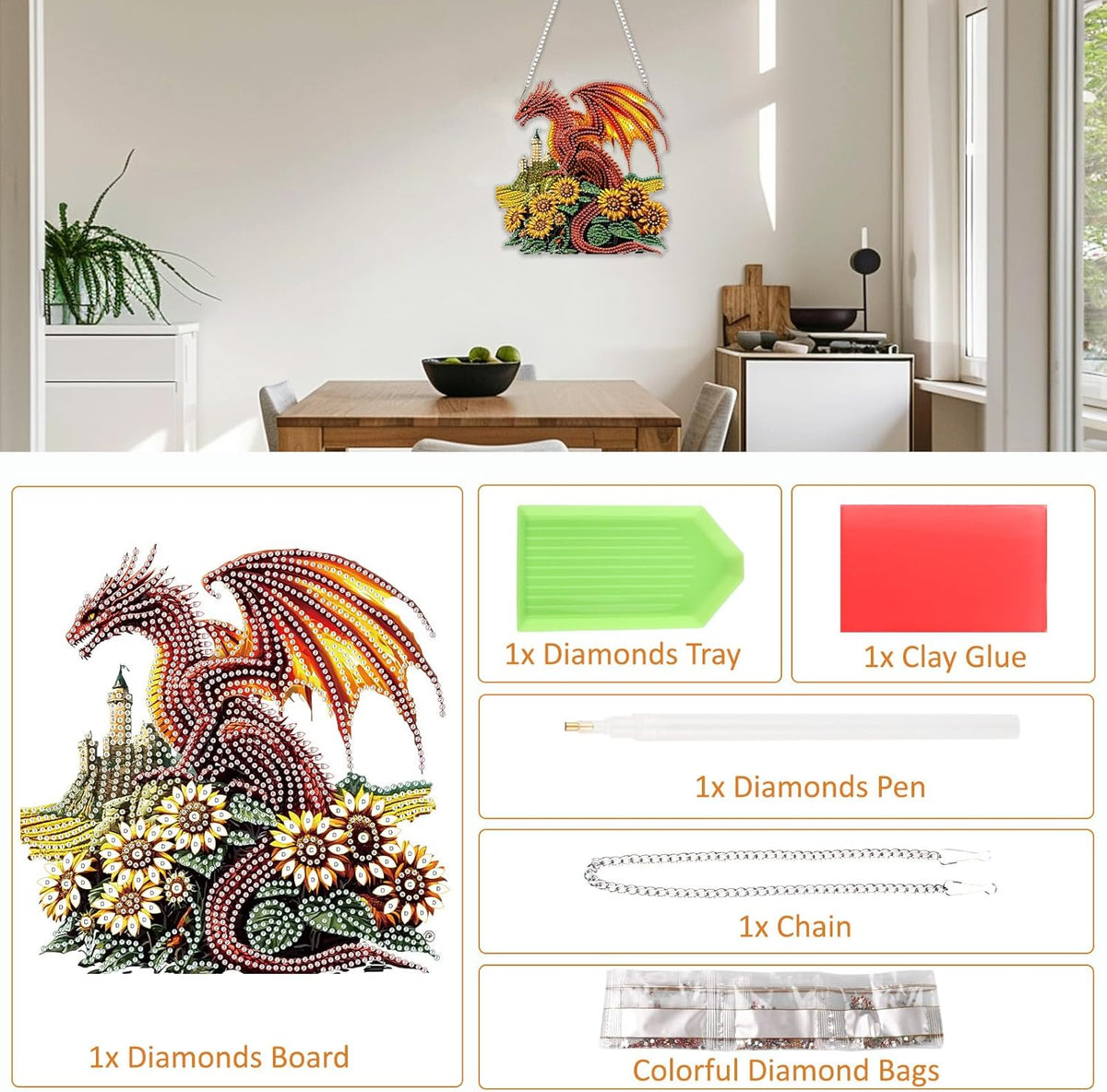 SENQAO Dragon Diamond Art Hanging Kit for Adult, Special Shaped Rhinestone, Double Sided DIY Acrylic Diamond Art Painting Window Pendants Home Garden Wall Hanging Kits Hanging Ornament (Sunflower)