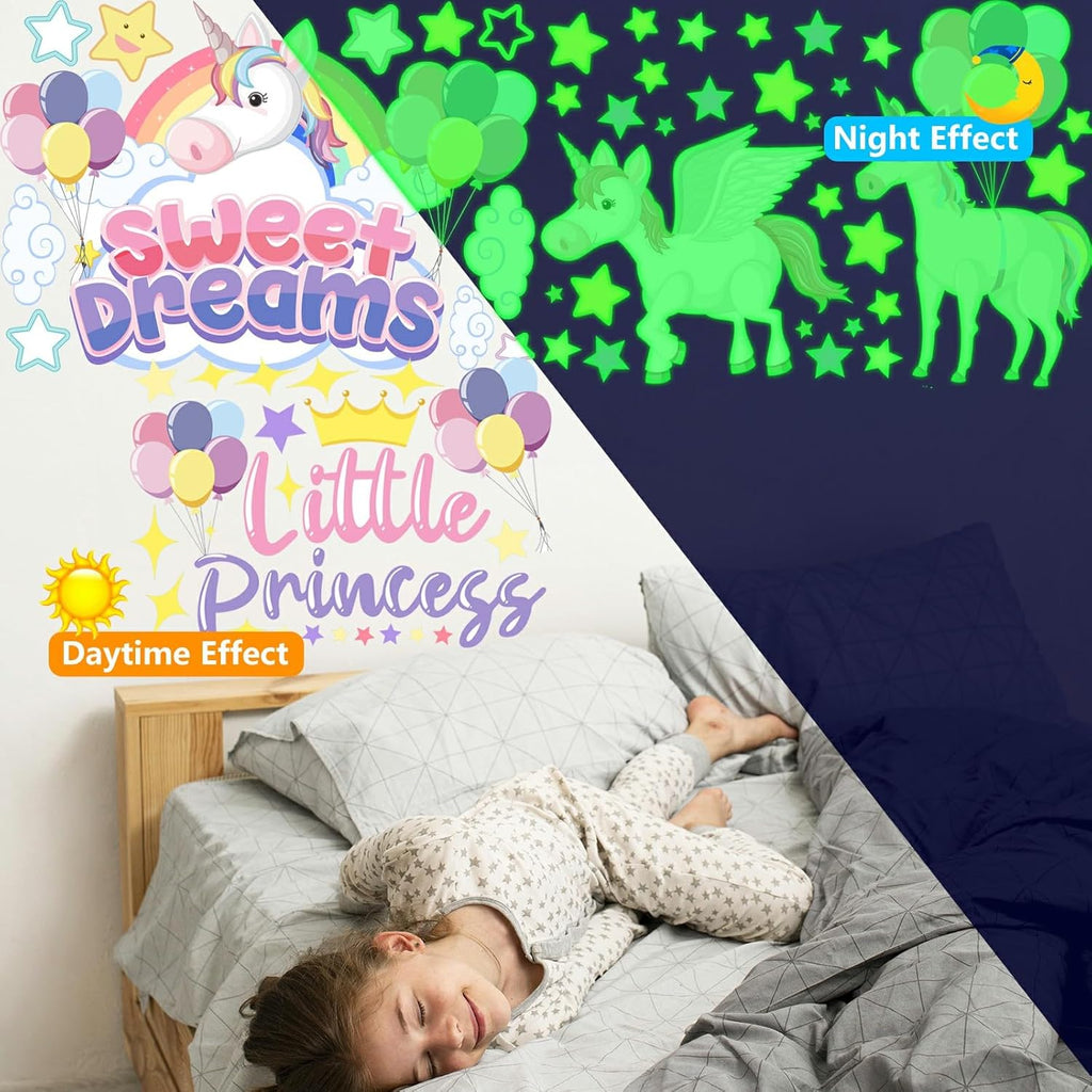 Glow in The Dark Stickers, 89 PCS Glow Stars Unicorn Ceiling Stickers Unicorn Rainbow Sweet Dreams Wall Decals for Kids Girls Bedroom Nursery Playroom Party Room Decor