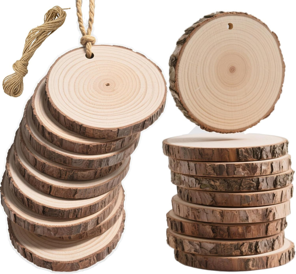 20PCS Pre-Drilled Wood Slices with Holes, 3.2-4 Inch Natural Pine Discs & 8M Hemp Rope, Sanded Smooth DIY Crafts Kit for Christmas Ornaments, Rustic Wedding Decor, Kids Art (20pcs)