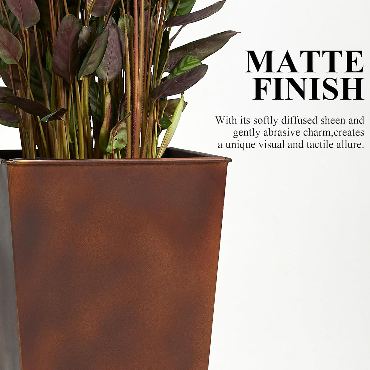 Worth Garden 14" Dia x 18" H Large Metal Floor Planter Set of 2, Matte Bronze Retro Finish Tall Square Tapered Steel Plant Pots, Decor Flower Pot Indoor & Outdoor, Drainage Hole
