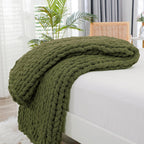 Bigacogo Chunky Knit Throw Blanket for Couch, 40x40 inches, 100% Hand Knitted with Thick Jumbo Chenille Yarn, Cozy Soft Large Rope Knot Cable Crochet Blankets for Sofa Bed Living Room, Yellow Green