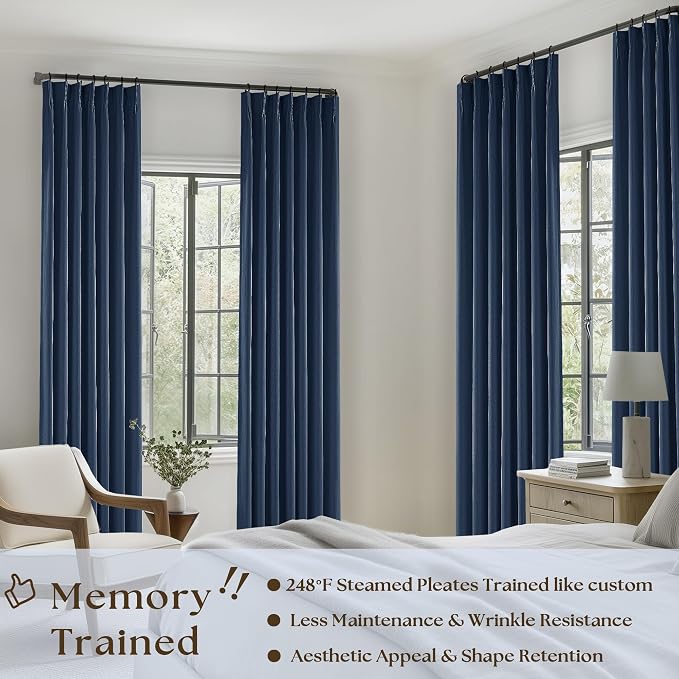 Navy Blue Pinch Pleat 100% Blackout Linen Curtains 2 Layers 45 Inch Long | - Image 2