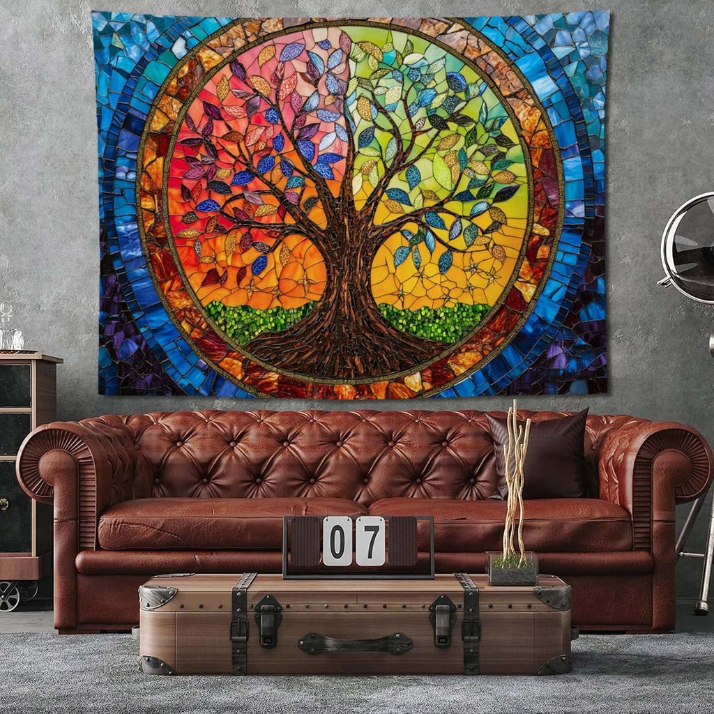 keowhsf Tree of Life Tapestry Wall Hanging – Colorful Stained Glass Look Wall Art with Fantasy Aesthetic, Large Tapestry for Bedroom, Living Room, Home Decor