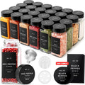 Glass Spice Jars with Label and Stainless Steel Lids (24 x 4oz) Spice Containers with 240 Labels, Shaker Inserts, Steel Funnel, Empty Square Empty Square Seasoning Organizer (Black)