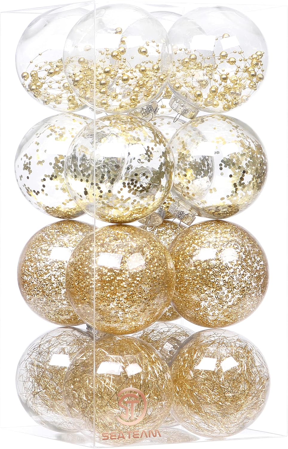 Sea Team Shatterproof Clear Plastic Christmas Ball Ornaments Decorative Xmas Balls Baubles Set with Stuffed Delicate Decorations (100mm/3.94 inch 16-Pack, Gold)