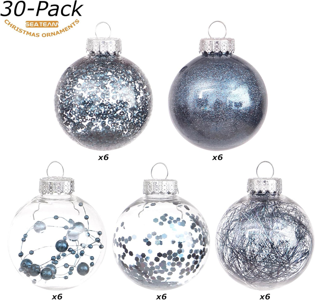 Sea Team Shatterproof Clear Plastic Christmas Ball Ornaments Decorative Xmas Balls Baubles Set with Stuffed Delicate Decorations (60mm/2.36 inch 30-Pack, Stone Blue)