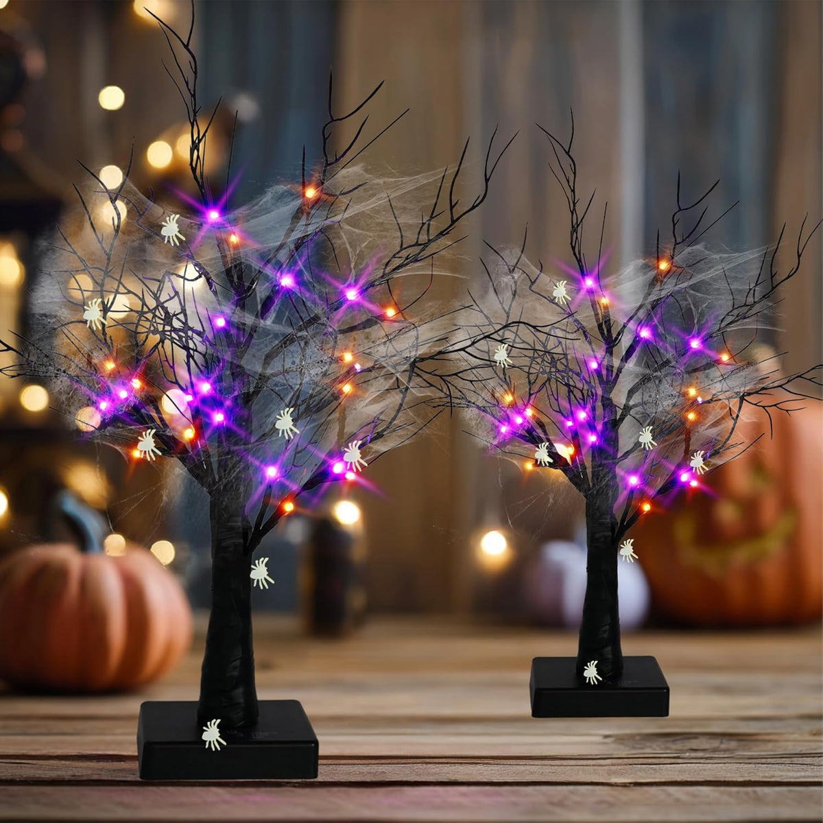 Dazzle Bright 2 Pack 20 Inch Orange & Purple Lighted Halloween Birches Tree Decor, 24 LED Battery Operated Halloween Decorations Artificial Black Spooky Tree with Timer for Indoor Home Party