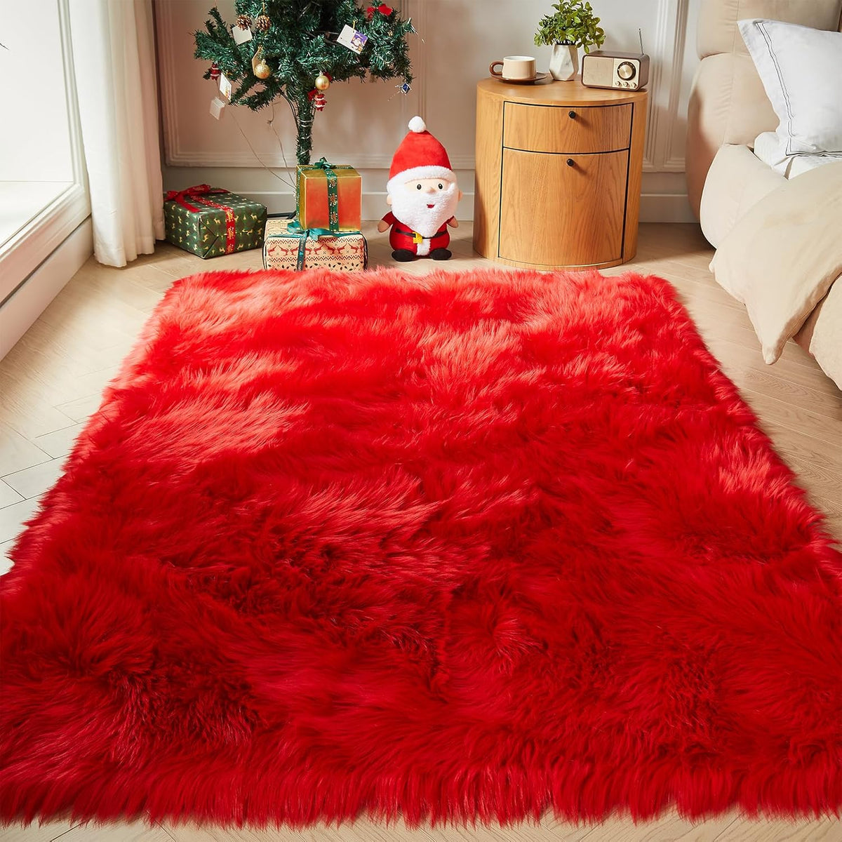 AMTOVO Faux Fur Sheepskin Rug for Living Room, 4 x 6 ft Red Fluffy Area Rug for Bedroom, Playroom, Luxury Room Decor, Rectangle