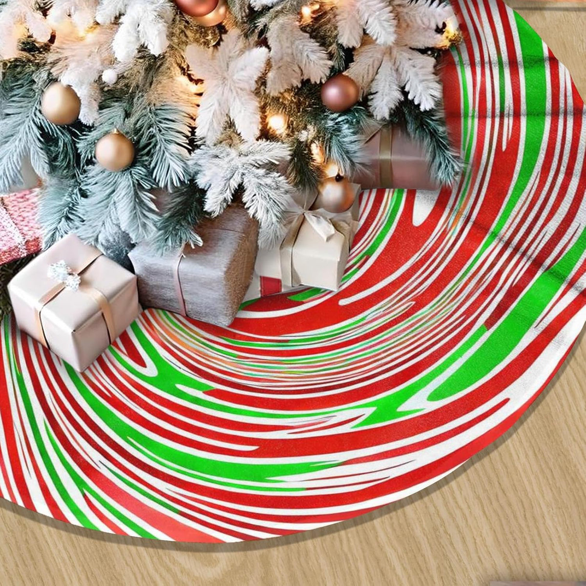 36" Red and Green Swirl Christmas Tree Skirt Sweet Peppermint Candy Tree Mat Base Cover for Xmas Festive Holiday Party Decoration Ornaments