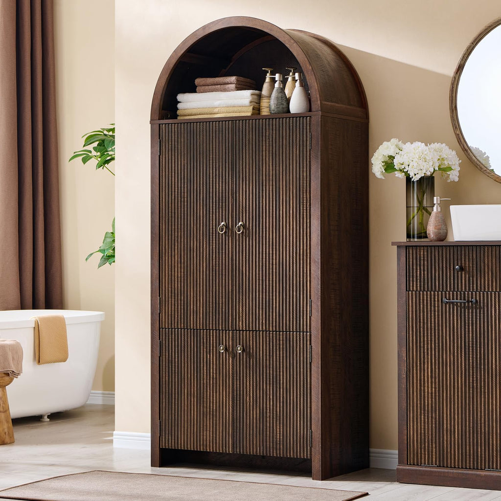 71" Tall Arched Bathroom Storage Cabinet, Modern Fluted Storage Cabinet w/Doors, 3 Adjustable Shelves, 6 Door Shelves, Wood Freestanding Cabinet for Bathroom, Entryway, Hallway, Brown